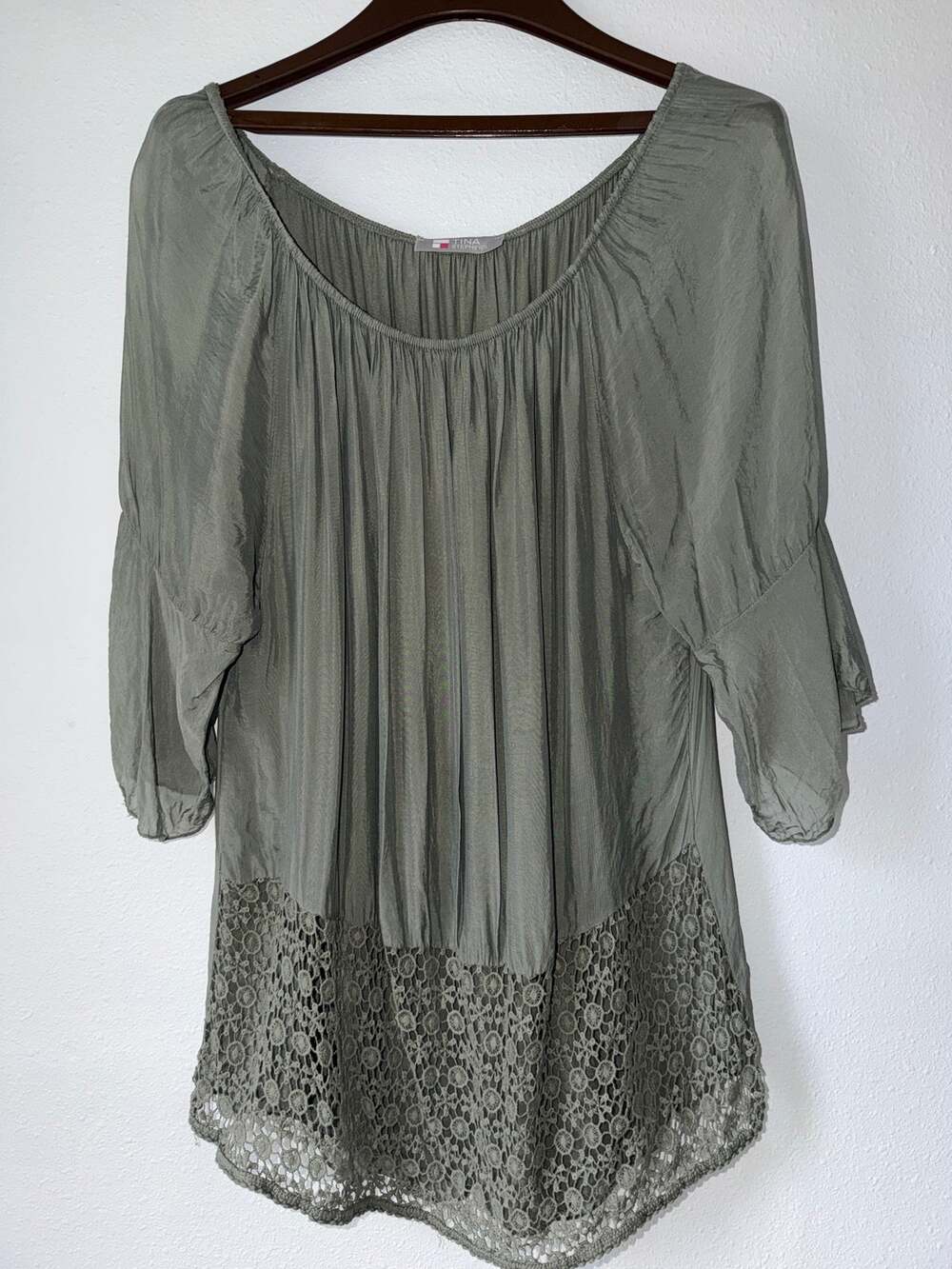 Tina Stephens Green Long Sleeve Eyelet Scoop Neck Boho Peasant Cottagecore XL